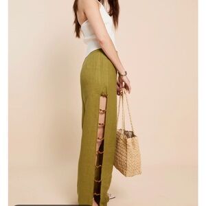 Few Moda Malia Linen Olive Green Women's Side-Slit Pants